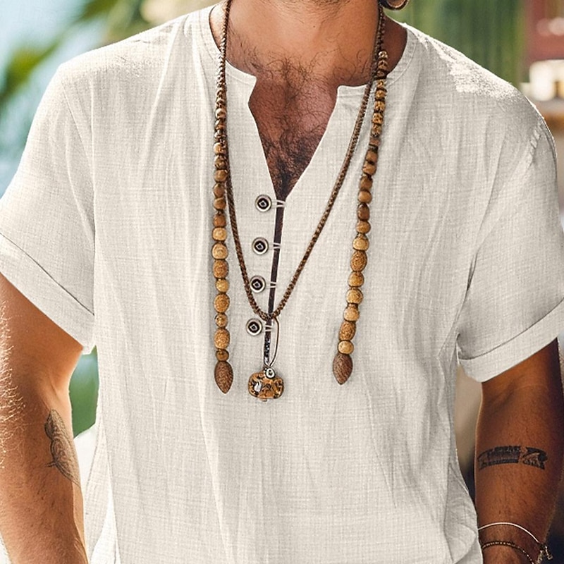 Men's Shirt Linen Shirt Summer Shirt Beach Shirt Solid Color Vacation Curise Black Beige Short Sleeve Band Collar Summer Spring Clothing Apparel Buttons2