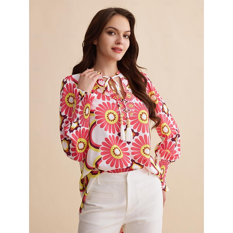 Satin Floral Print V Neck Shirt2