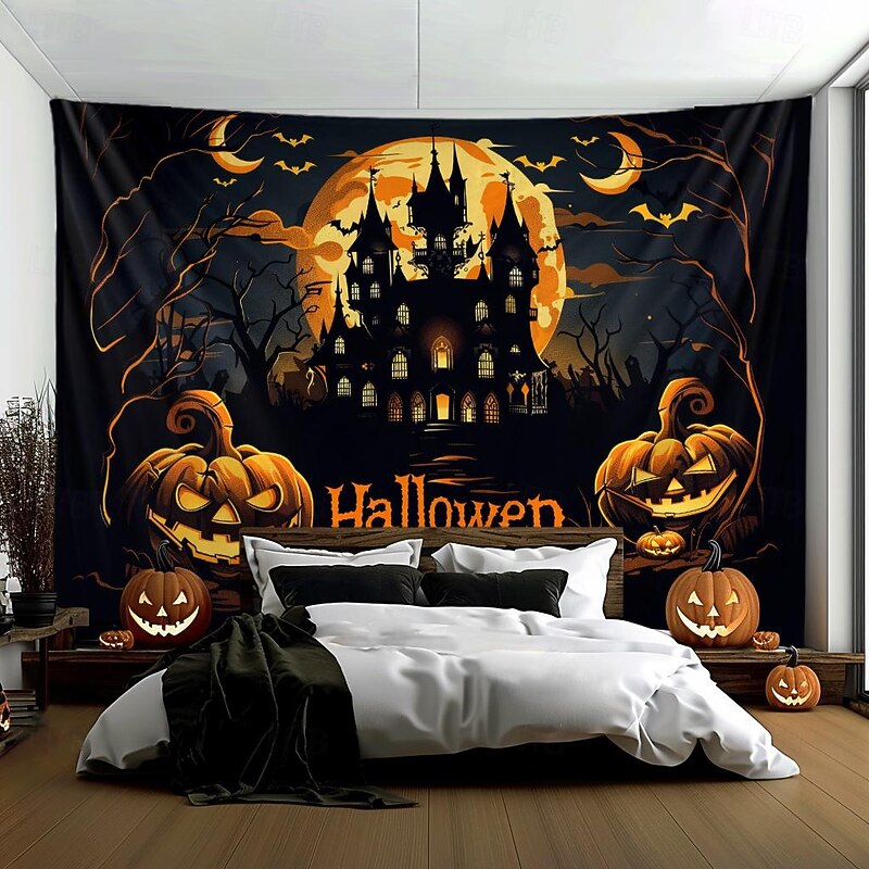 Halloween Decorations Hanging Tapestry Evil Pumpkin Castle Wall Art Large Tapestry Mural Decor Photograph Backdrop Blanket Curtain Home Bedroom Living Room2