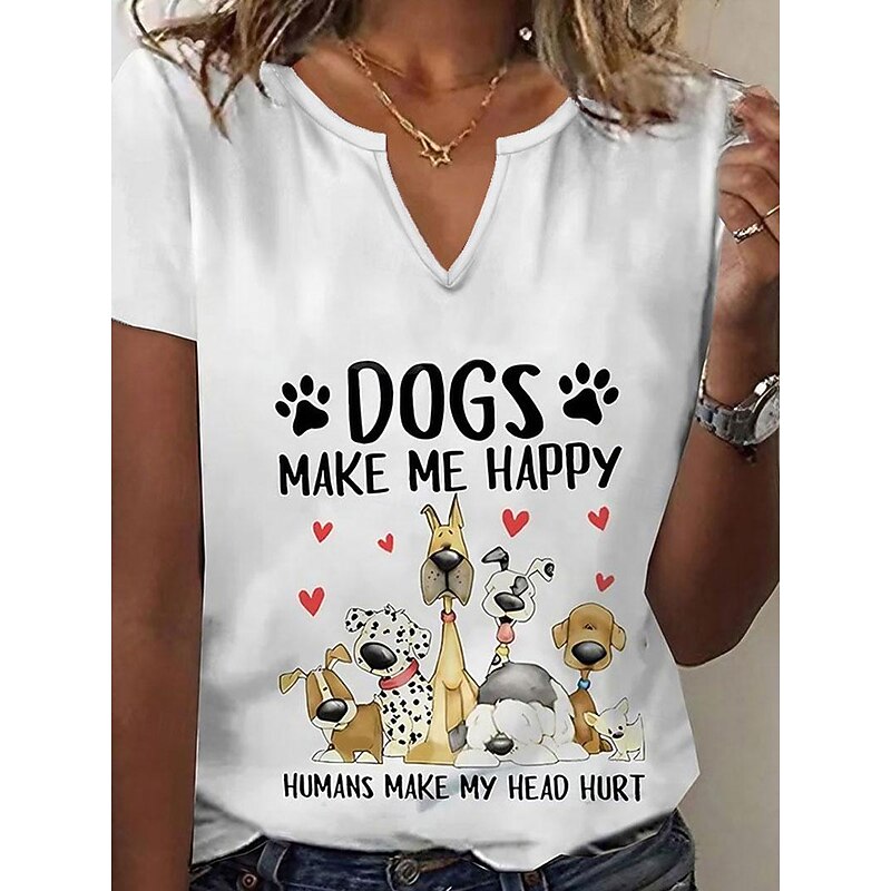 Women's T Shirt Henley Shirt Basic Dog Letter Print Short Sleeve Regular Tops V Neck Daily Weekend Black White Red3