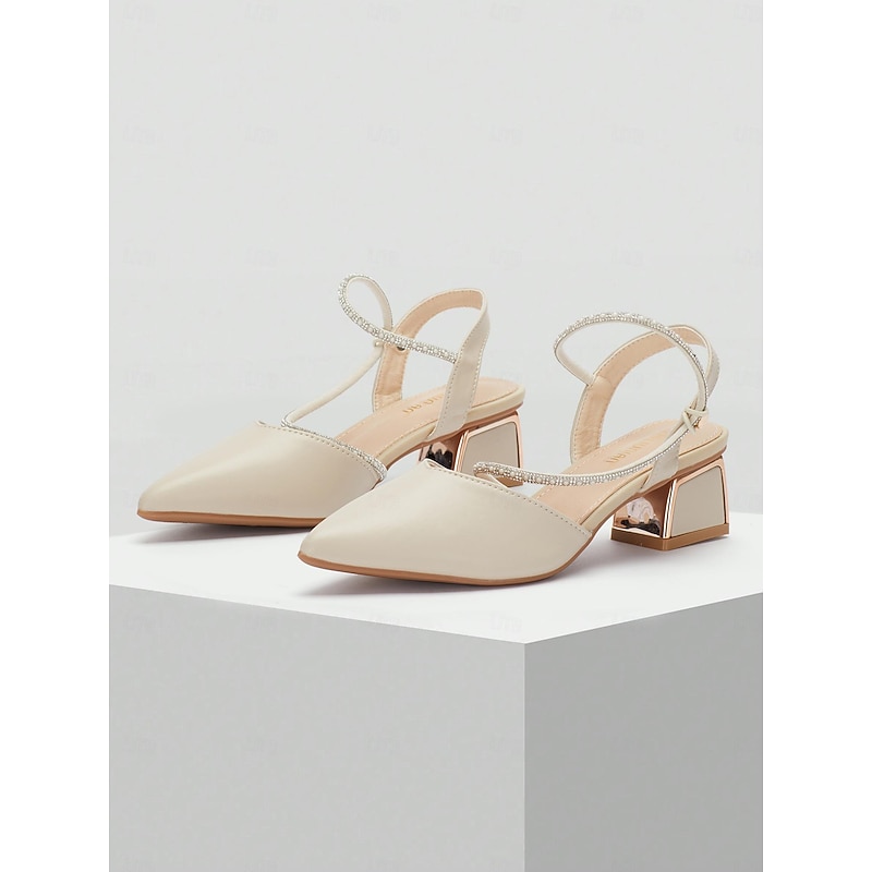 Elegant Women's Slingback Pointed Toe Heels with Rhinestone Strap - Beige Mid-Heel Shoes for Weddings and Parties