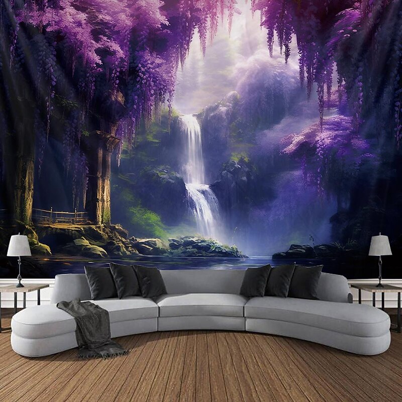 Purple Garden Hanging Tapestry Wall Art Large Tapestry Mural Decor Photograph Backdrop Blanket Curtain Home Bedroom Living Room Decoration Wisteria Flower Waterfall