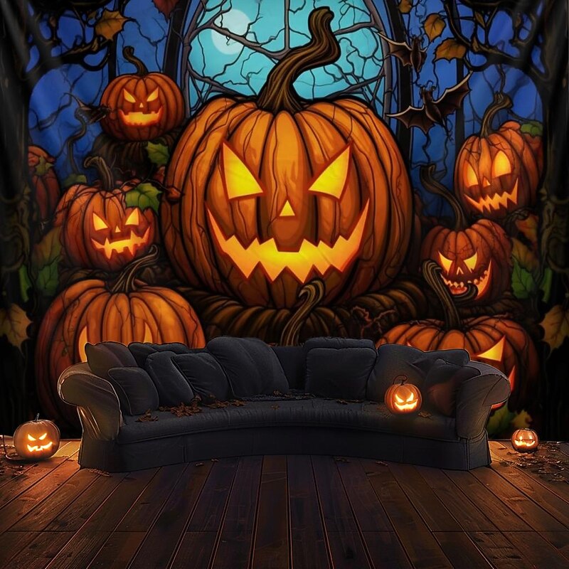 Halloween Decorations Hanging Tapestry Stained Glass Pumpkin Bat Wall Art Large Tapestry Mural Decor Photograph Backdrop Blanket Curtain Home Bedroom Living Room2
