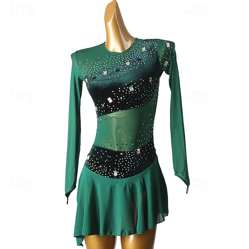 Figure Skating Dress Women's Girls' Ice Skating Dress Dark Green Patchwork Open Back Mesh Spandex High Elasticity Training Practice Professional Skating Wear Classic Crystal / Rhinestone Long Sleeve3