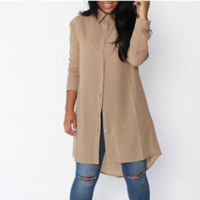 Women's Shirt Blouse Plain Casual Long Sleeve Shirt Collar Long Tops Daily Buttons Black Green Khaki Gray Spring & Summer3