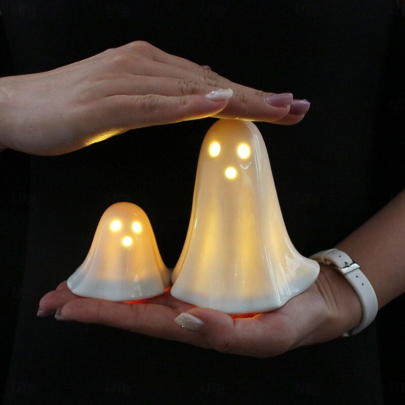 Halloween LED Ceramic Lighted Ghost Set - Resin Light Figurines Cute Ghost for Tabletop, Haunted House, and Escape Room Decor