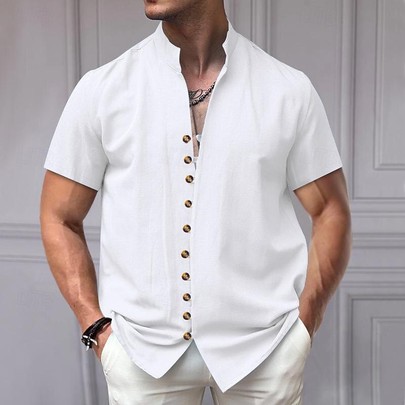 Men's Shirt Linen Shirt Chinese Collar Shirt Mandarin Collar Shirt Casual Shirt Button Up Shirt Plain Vacation Street Black White Pink Khaki Short Sleeve Grandad Collar Summer Clothing Apparel