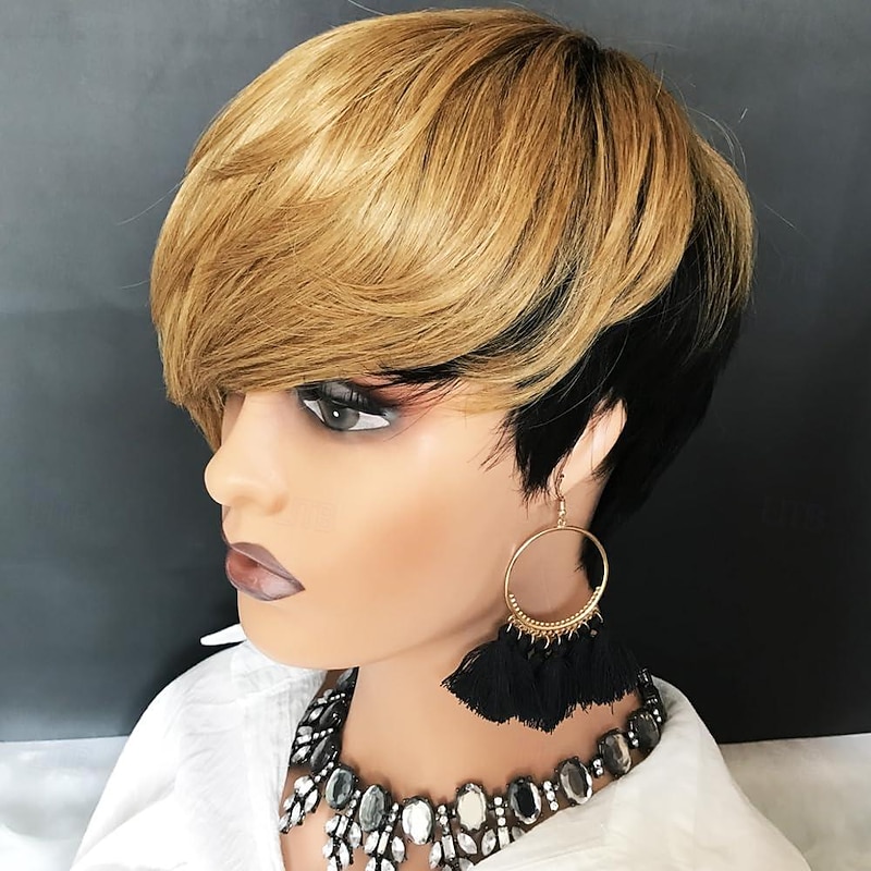 Human Hair Wigs for Black Women Short Blonde Bob Pixie Cut Wig Human Hair Short Wigs Human Hair Natural Straight Pixie Wig with Bangs Ombre Blond 1b/27