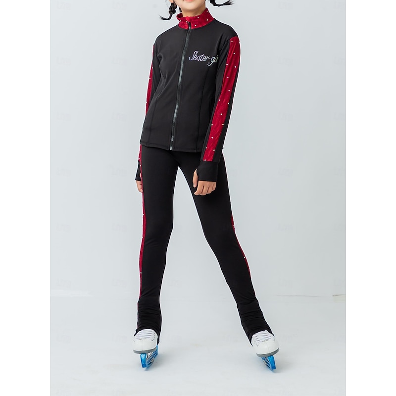 Figure Skating Fleece Jacket Figure Skating Pants Figure Skating Jacket with Pants Women's Girls' Ice Skating Jacket Tights Outfits Black Red Patchwork Thumbhole Spandex Stretchy Training Practice