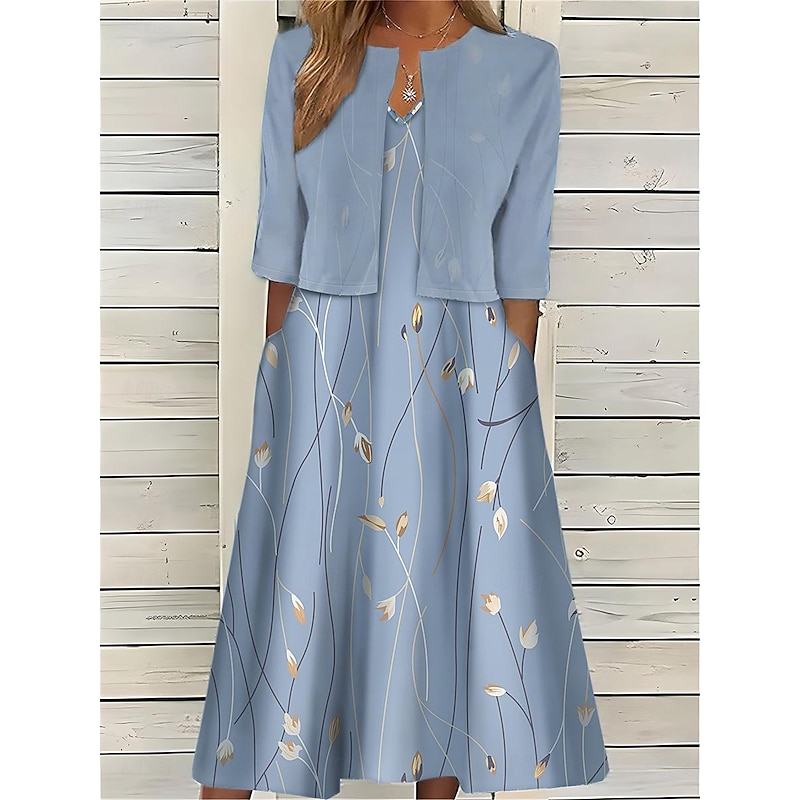 Women's Midi Dress Two Piece Dress Set Casual Dress Print Dress Outdoor Daily Fashion Elegant Pocket Print Crew Neck Half Sleeve Floral Regular Fit Pink Blue Sky Blue Summer Spring S M L XL XXL