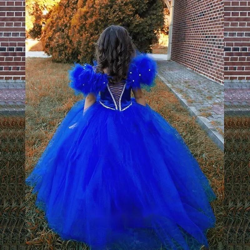 Kids Girls' Party Dress Solid Color Short Sleeve Performance Mesh Princess Sweet Mesh Mid-Calf Sheath Dress Tulle Dress Summer Spring Fall 2-12 Years Royal Blue2