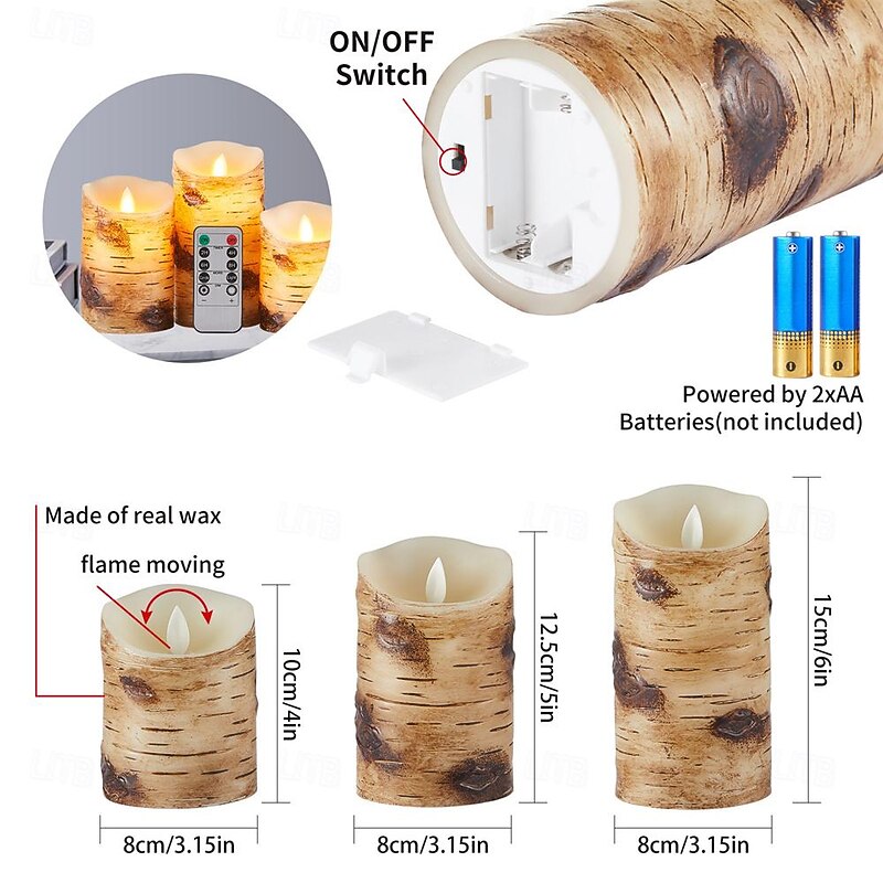 Flameless Candles Light Wooden Pine Effect Battery Operated Flickering Moving Wick Candles Light 4 5 6 Set of 3 Realistic LED Electric Pine Bark Candles with Remote Control for Halloween3
