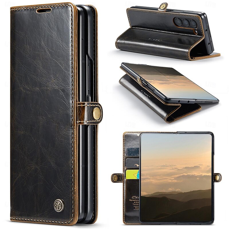 Phone Case For Samsung Galaxy Z Fold 6 Z Fold 5 Wallet Case Card Slot Shockproof Retro TPU
