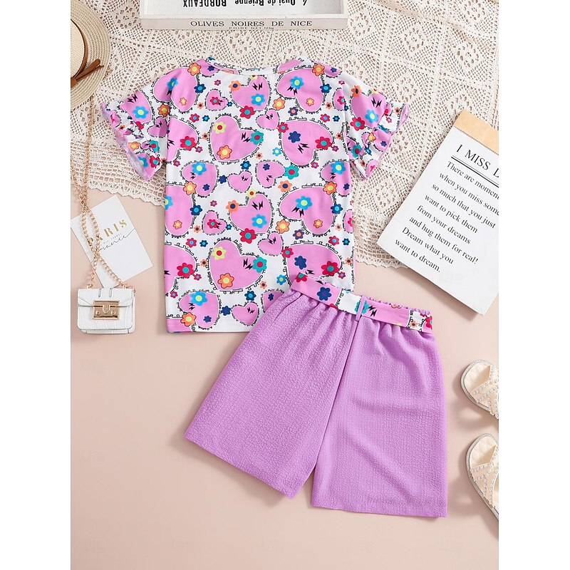 2 Pieces Kids Girls' Graphic Crewneck Shirt & Shorts Set Short Sleeve Fashion School 7-13 Years Summer Purple2