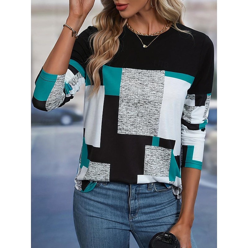 Women's Stylish Color Block Striped Print Regular Tops Daily Black+White+Gray Red Orange Spring Fall Prefall