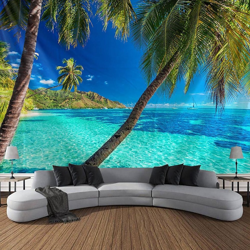 Wall Tapestry Art Decor Blanket Curtain Picnic Tablecloth Hanging Home Bedroom Living Room Dorm Decoration Holiday Vacation Landscape Sea Ocean Beach Coconut Tree