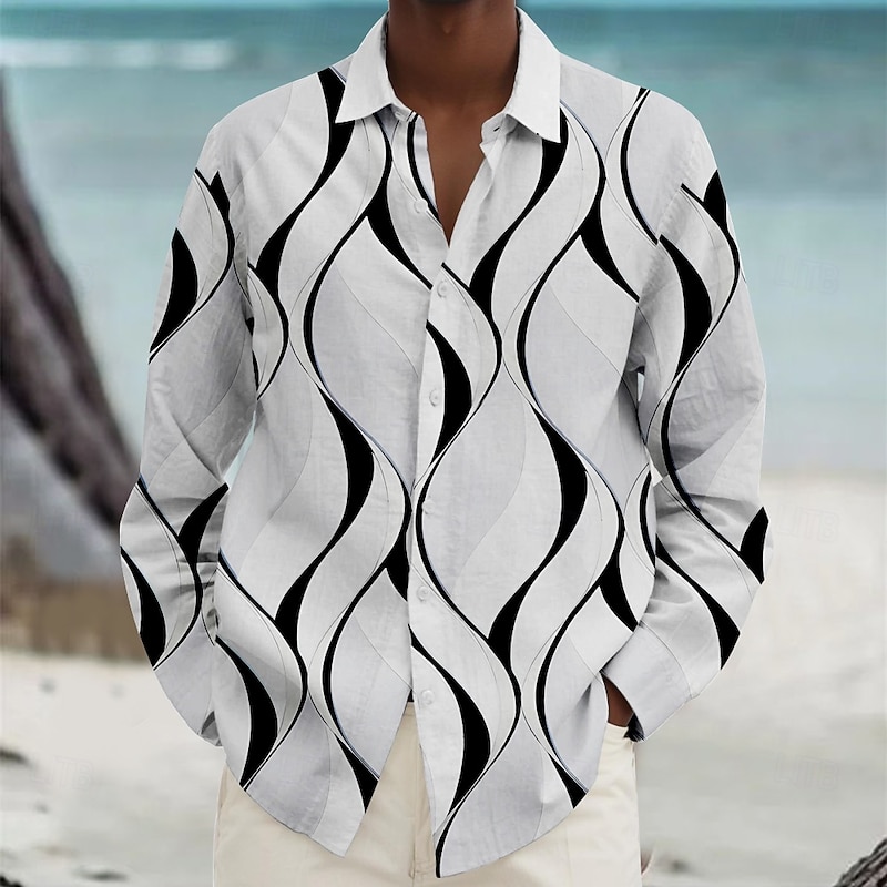 Men's Geometric Geometric Pattern Beach Shirt Button Up Shirt Long Sleeve Hawaiian Casual Vacation Daily Fall Winter Spring & Summer Turndown Collared Shirts Button Up 3D Print White Yellow Blue Beige