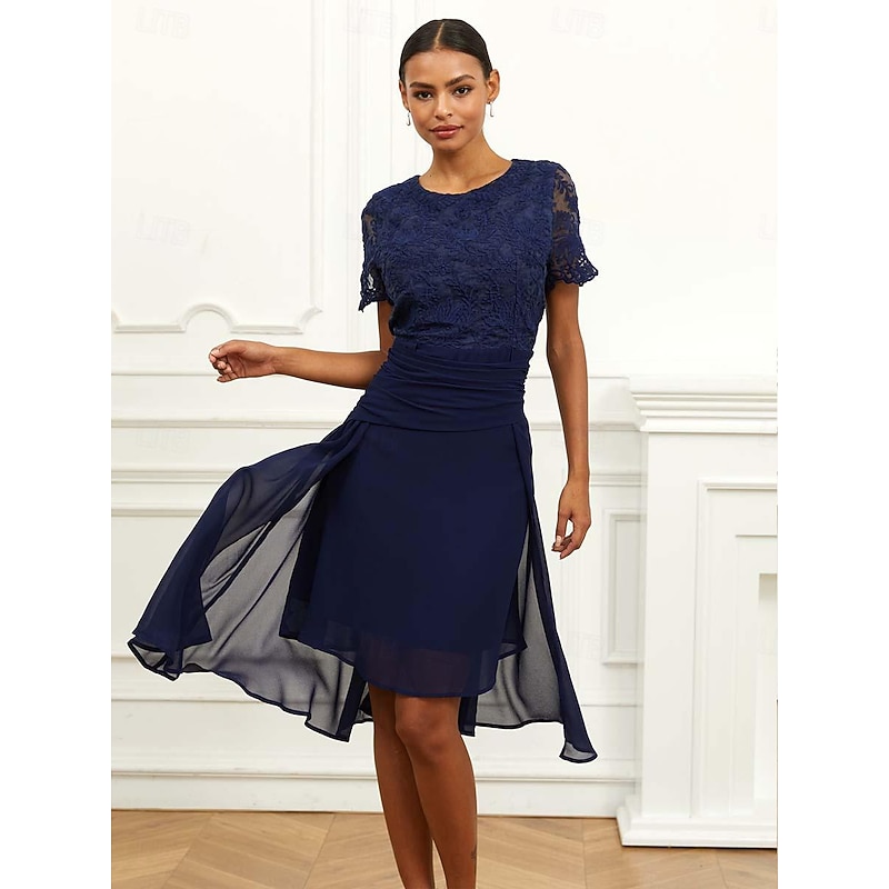 Women's Wedding Guest Cocktail Dress Chiffon Lace Ruched Crew Neck Short Sleeve Midi Dress Party Elegant Formal Dark Blue Summer4