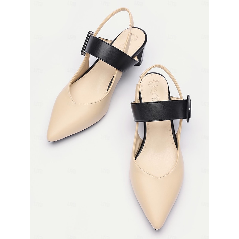 Women's Beige and Black Slingback Block Heel Pumps with Buckle – Elegant Pointed Toe Dress Shoes for Office and Formal Events4