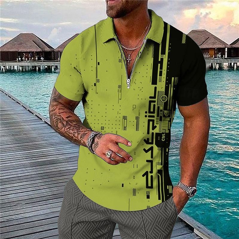 Men's Geometric Hawaiian Polo Shirts Golf Shirt Short Sleeve Polo Shirts Collared Shirts Casual Beach Wear Vacation Wear Party Outfits 3D Print Quarter Zip Polo Black Yellow Light Green4