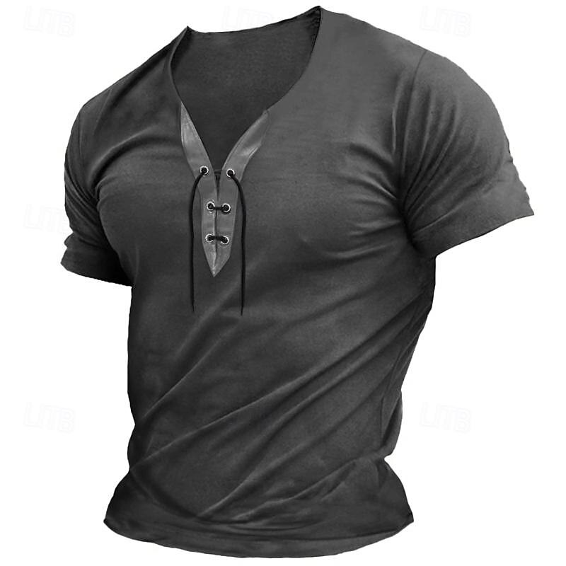 Men's T Shirt Henley Shirt Tee Top Short Sleeve V Neck Spring & Summer Plain Fashion Designer Basic Lace up Vacation Street Going out Army Green Dark Grey Black Top Tee for Men2