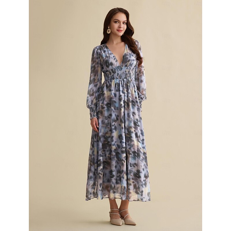 Women's Maxi Dress Wedding Guest Blue Long Sleeve Flower / Plants Chiffon Printing Spring &  Fall V Neck Pattern Dress Flying Dress Corset Dresses S M L - Main Image