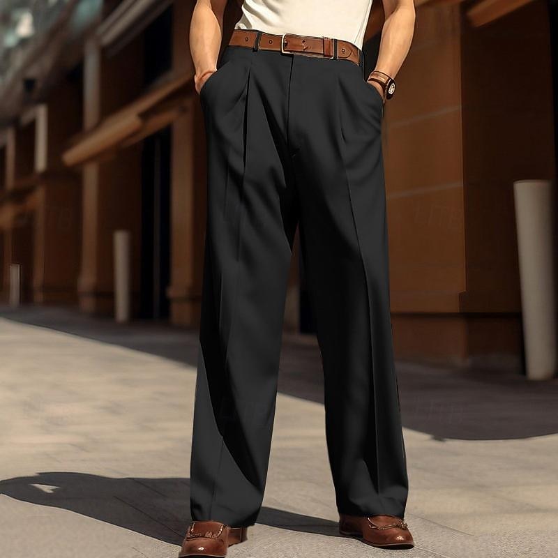 Men's Trousers Dress Pants Baggy Pants Casual Pants Pleated Pants Wide Leg Front Pocket Straight Leg Plain Comfort Breathable Wedding Business Beach Fashion Basic Loose Fit Black White3