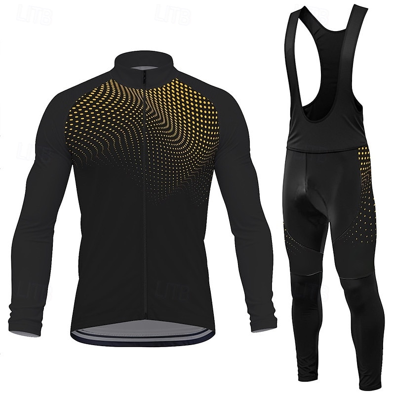 Men's Cycling Jersey with Bib Tights Geometric Long Sleeve Bike Bib Tights Top Clothing Suit with 3 Rear Pockets Mountain Bike MTB Road Bike Cycling Sweat wicking Comfortable Breathable Sports Yellow2