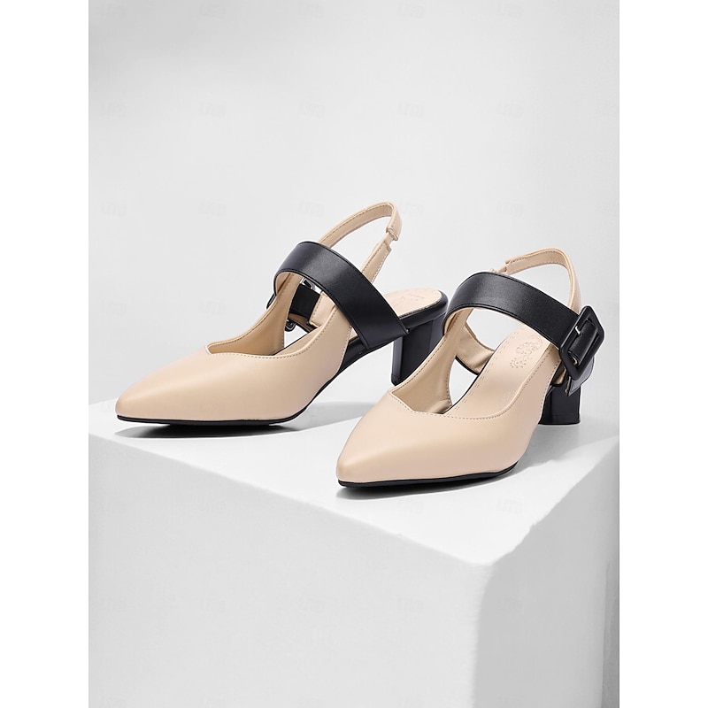 Women's Beige and Black Slingback Block Heel Pumps with Buckle – Elegant Pointed Toe Dress Shoes for Office and Formal Events3