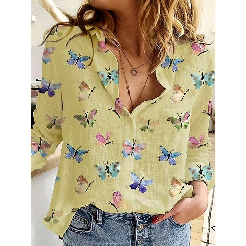 Women's Shirt Button Down Tunic Shirt Collar Long Sleeve Elegant Stylish Butterfly Print Daily White Yellow Spring Fall3