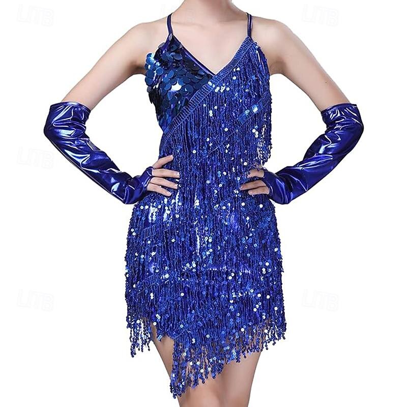 Sequins Tassel Latin Dance Dress for Women's 1920s Flapper Cocktail Party Dresses Rumba Ballroom Costumes with Gloves4