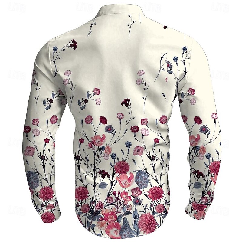 Men's Floral Shirt Button Up Shirt Long Sleeve Casual Beach Daily Beach Wear Summer Spring Fall Mandarin Collar Band Collar Button Up 3D Print Pink Blue Beige2