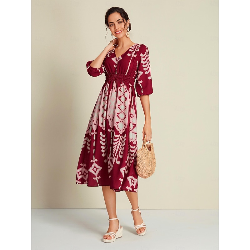 Folk Print Brick Red Half Sleeve V Neck Midi Dress4