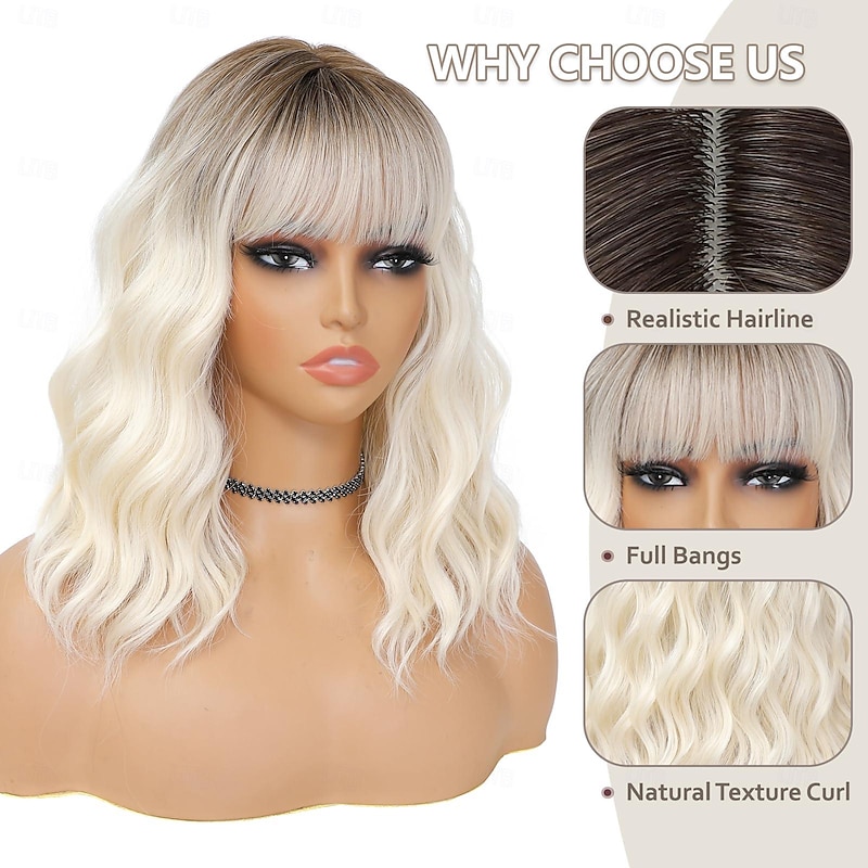Ombre Blonde Wig with Bangs for Women 14 Inch Shoulder Length Short Bob Wavy Curly Wig Platinum Blonde Wig Heat Resistant Synthetic Wigs Halloween Wigs4