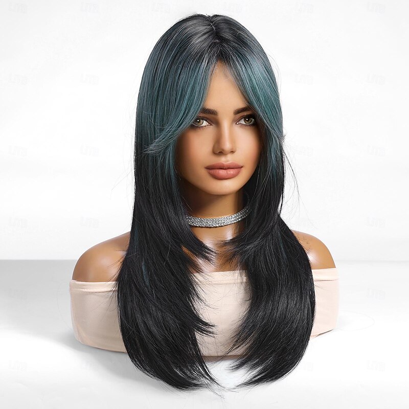 Synthetic Wig Uniforms Career Costumes Princess Straight kinky Straight Middle Part Layered Haircut Machine Made Wig 22 inch Black / Dark Green Synthetic Hair Women's Cosplay Party Fashion Natural3