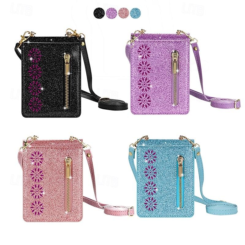 Phone Case For Samsung Galaxy Z Flip 7 Z Flip 6 Z Flip 5 Z Flip 4 Z Flip 3 Flip Cover Zipper with Lanyard Bling Glitter Shiny Retro PC PU Leather3