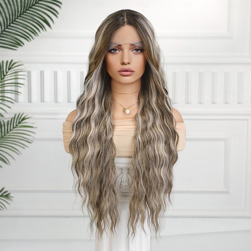 Synthetic Lace Wig Curly Style 28 inch Dark Brown Middle Part T Part Wig Women's Wig Dark Brown2