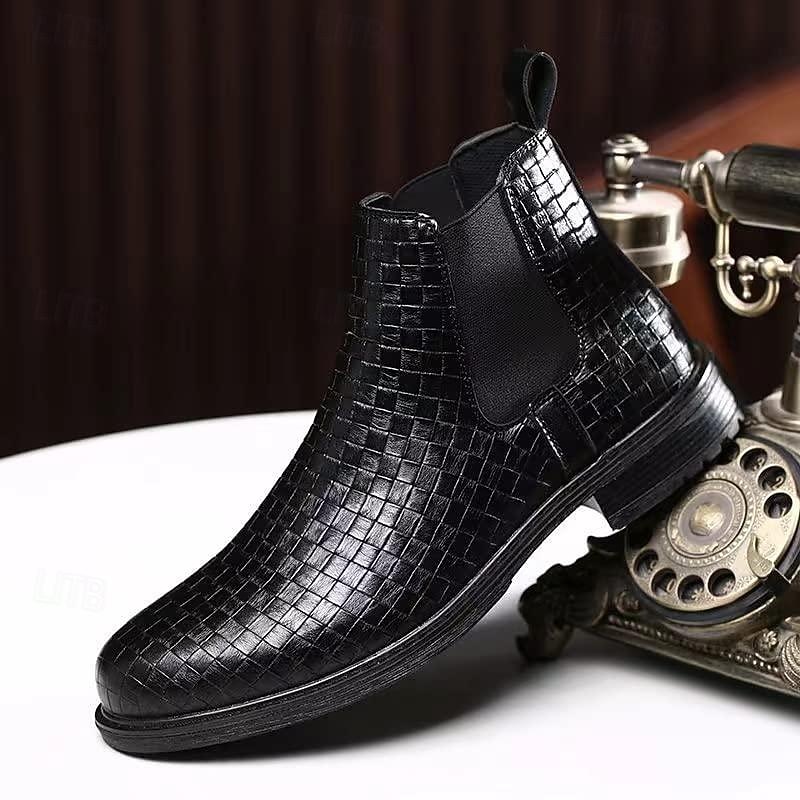 Men's Faux Leather Woven Chelsea Boots - Stylish Black Slip-On Ankle Boots with Elastic Side Panels4