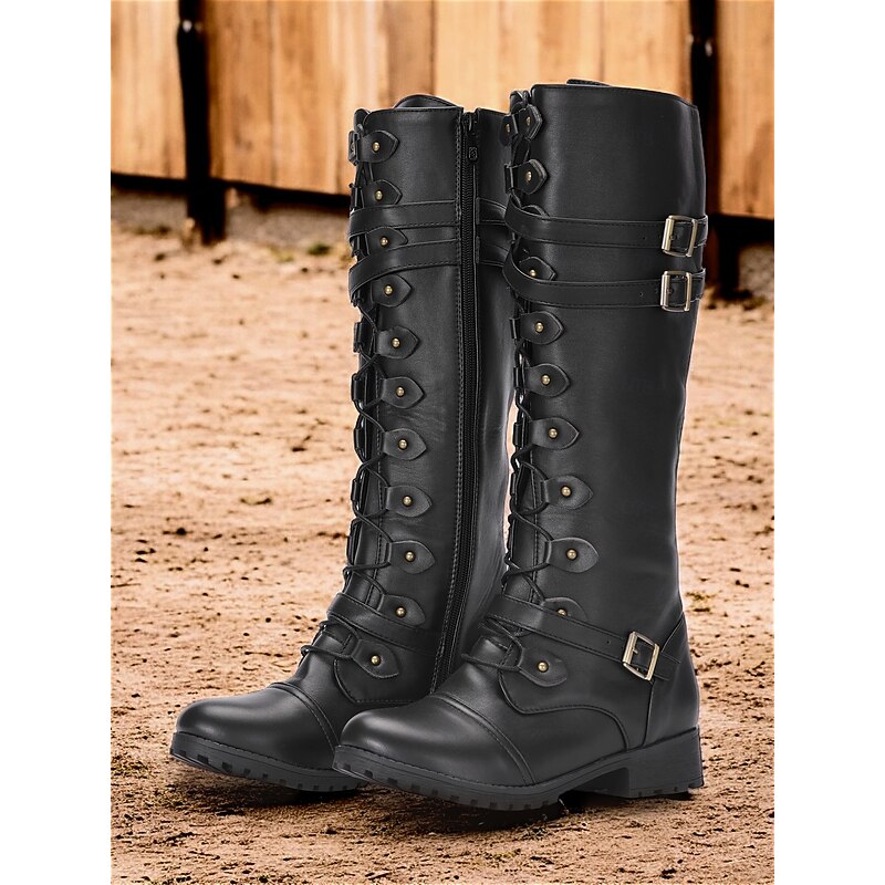 Women's Vintage Gothic Combat Boots - Black Buckle Strap Knee-High Boots for Cosplay and Daily Wear
