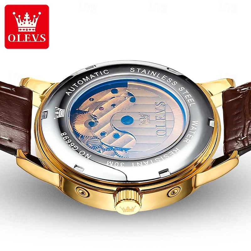 OLEVS Men Mechanical Watch Fashion Business Wristwatch Automatic Self-winding Moon phase Luminous Perpetual Calendar Leather Watch3