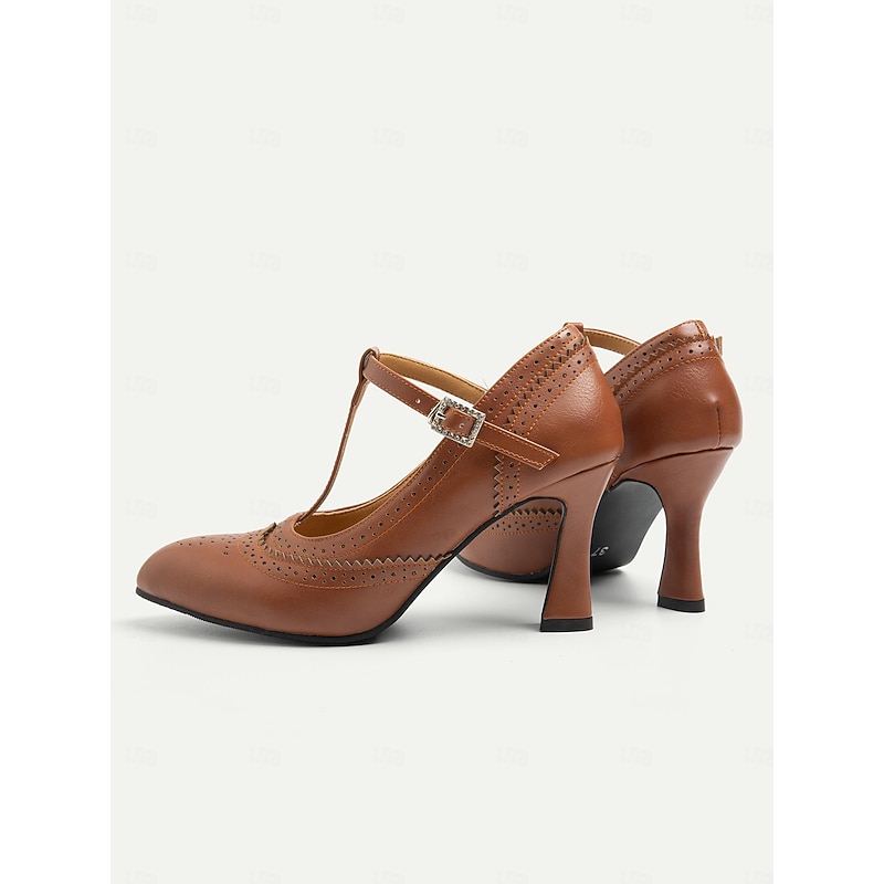 Women's Vintage Brown T-Strap Heels with Brogue Detailing - Perfect for Office, Parties, and Formal Events4