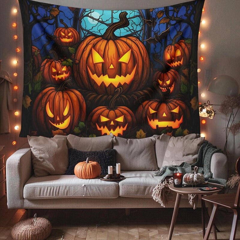Halloween Decorations Hanging Tapestry Stained Glass Pumpkin Bat Wall Art Large Tapestry Mural Decor Photograph Backdrop Blanket Curtain Home Bedroom Living Room4