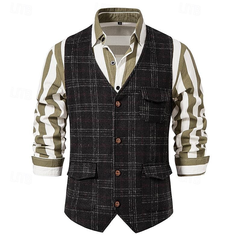 Men's Vest Gilet Wedding Event / Party Daily Fashion Business Spring & Summer Button Pocket Polyester Comfortable Plaid Double Breasted Lapel Regular Fit Light Grey Dark Gray Coffee Vest2