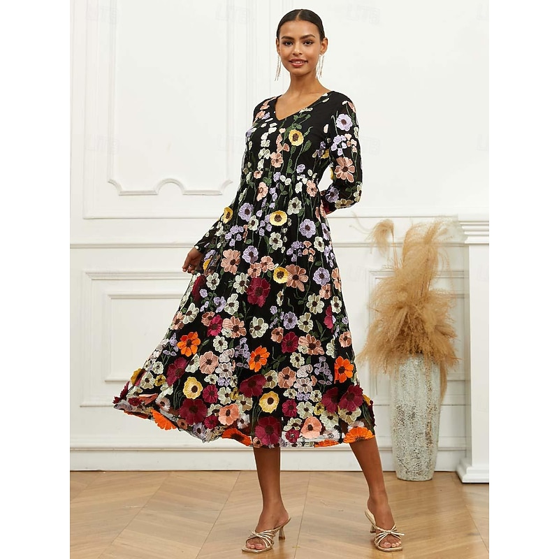Women's Midi Dress Black Dress A Line Dress Elegant Stylish Bishop Sleeve Wedding Guest Cocktail Party Regular Fit Floral Long Sleeve V Neck Black Spring Fall 6