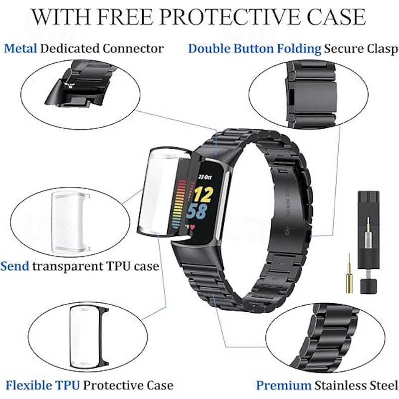 Smart Watch Band Compatible with Fitbit Charge 6 / Fitbit Charge 5  Stainless Steel Smartwatch Strap with Removal Tool Sport Band Replacement Wristband with Fitbit Charge 64