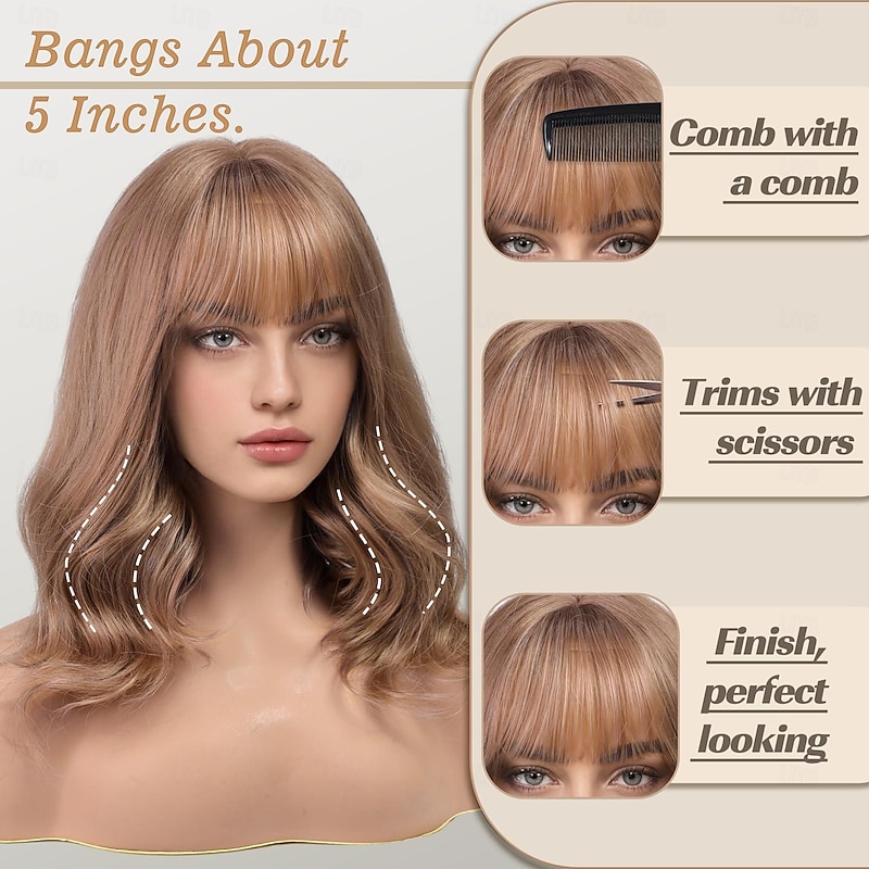Short Curly Wigs with Fringe,Wavy Bob Wigs for Women Heat Resistant Synthetic Blonde Wigs Shoulder Length Wigs Natural Looking Ombre Light Brown3