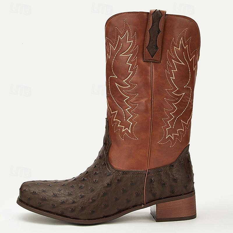 Men's Western Cowboy Boots with Orange Ostrich Leather and Dark Brown Embroidered Upper - Vintage Style for Rodeo and Casual Wear2