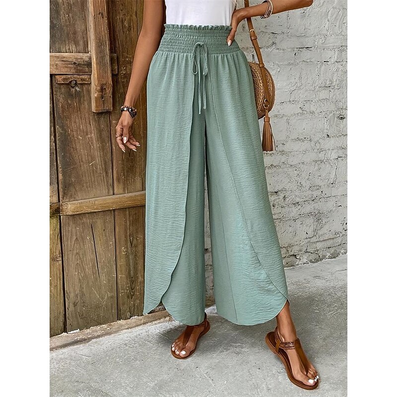 Women's Wide Leg Pants Trousers Fashion Long Plain Drawstring Split Breathability Comfortable Micro-elastic Casual Daily Green Spring & Summer Loose Fit3