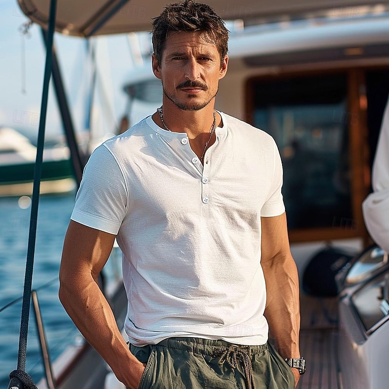 Men's Henley Shirt Tee Top Color Block Henley Outdoor Casual Short Sleeve Button Clothing Apparel Fashion Designer Comfortable