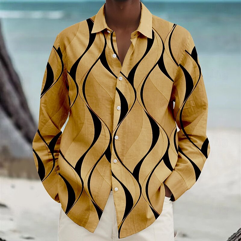 Men's Geometric Geometric Pattern Beach Shirt Button Up Shirt Long Sleeve Hawaiian Casual Vacation Daily Fall Winter Spring & Summer Turndown Collared Shirts Button Up 3D Print White Yellow Blue Beige3